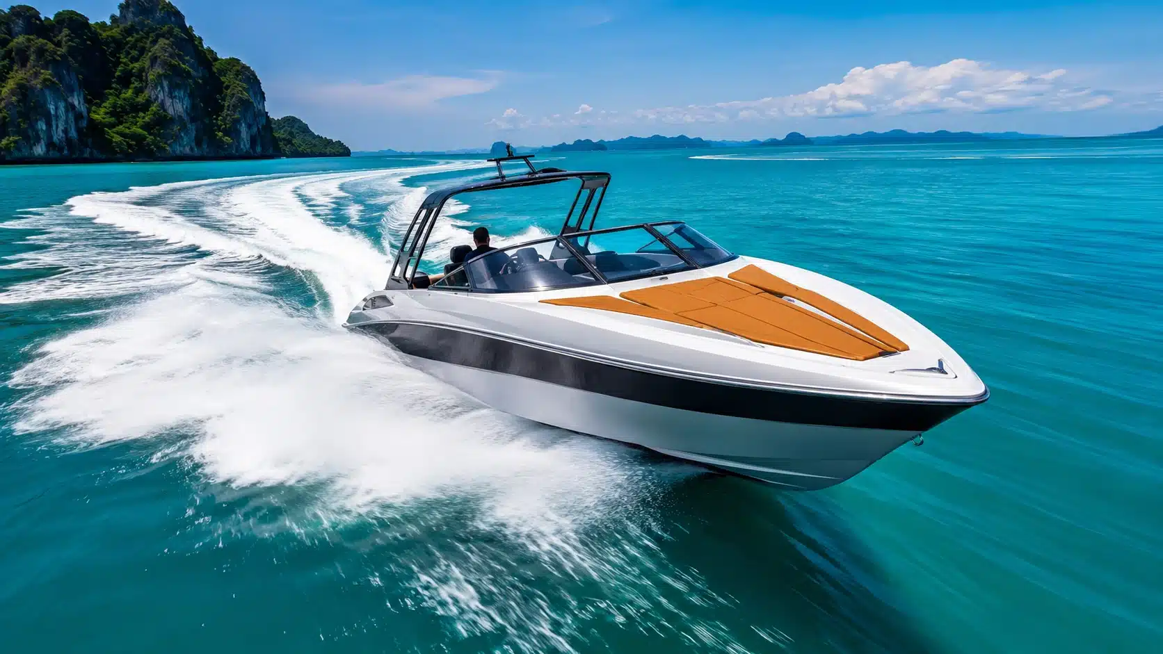 Speed boat ride on the sea with high-speed adventure, waves, and thrilling water experience